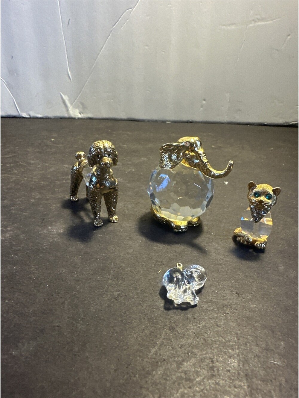 Vintage Crystal Glass Animal Figurines Lot of 4 Elephant Cat Poodle Gold Tone